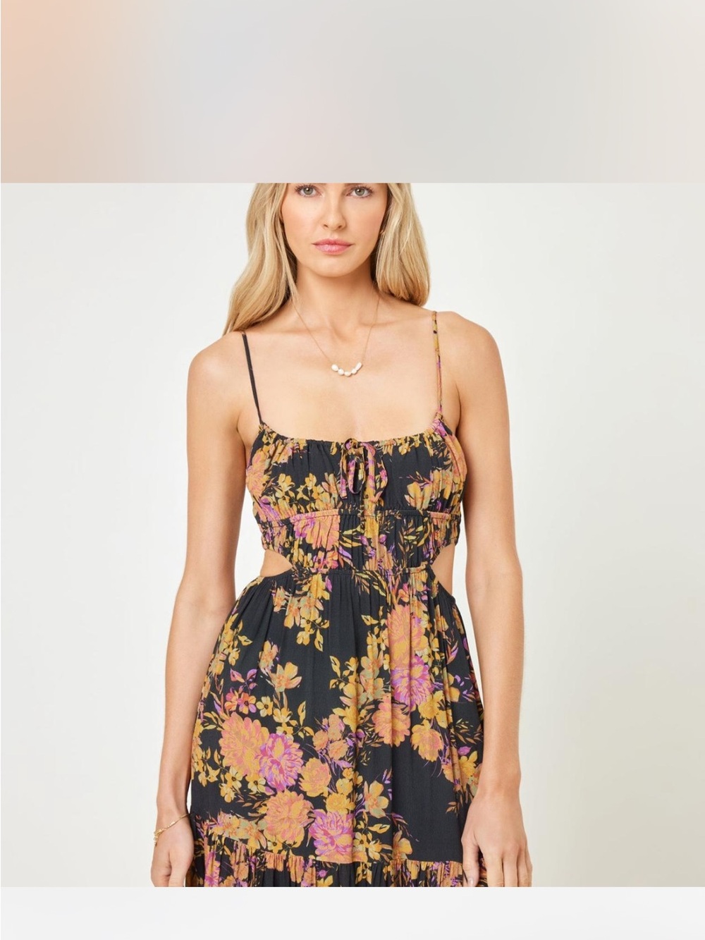 l*space Black Floral Cutout Midi Dress with Pink and Mustard Flowers
